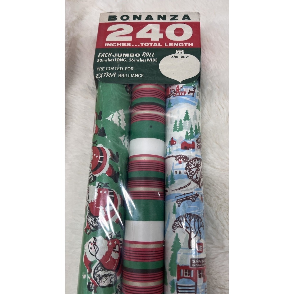 Vintage Bonanza Wrapping Paper 50s 60s Mcm Santa Stripes Kitschy Roll 3 Lot